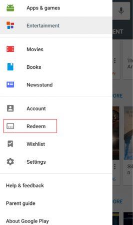 انتخاب گزینه Redeem در شارژ گوگل پلی